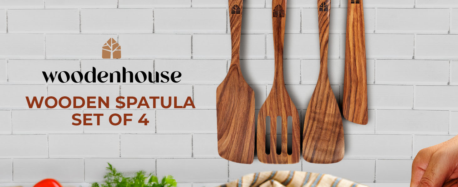 Wooden Spatula for Cooking - Natural Teak Wood Spatula for Non Stick Frying Pan - Wooden Cooking Utensils Set of 4 Including Paddle, Turner, Slotted Spurtle and Wood Scraper - Long Ergonomic Handles