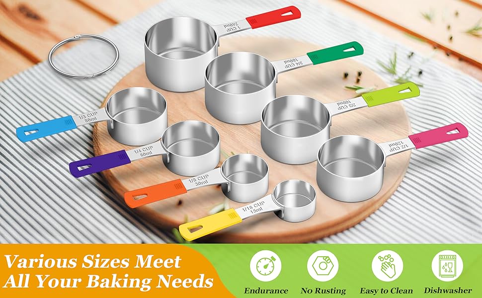 Wildone 8-Piece Measuring Cups Set, Stainless Steel Nesting Measuring Cups, Perfect for Dry and Liquid Ingredients, Dishwasher Safe