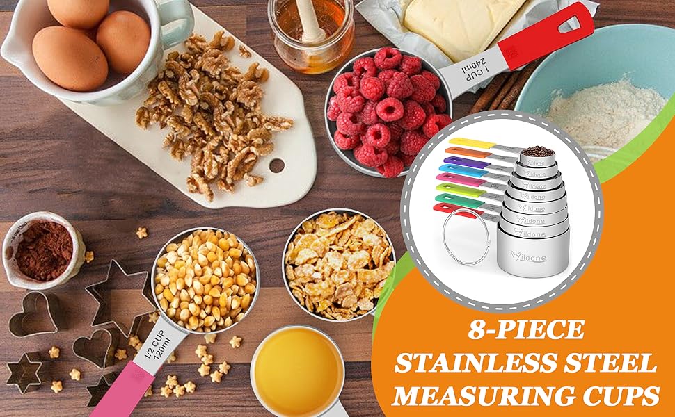 Wildone 8-Piece Measuring Cups Set, Stainless Steel Nesting Measuring Cups, Perfect for Dry and Liquid Ingredients, Dishwasher Safe