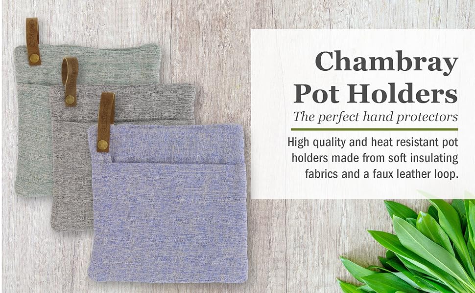 Cuisinart Chambray Pot Holders with Soft Insulated Pockets, 2pk - Heat Resistant Hot Pads, Trivets Protect Hands and Surfaces from Hot Kitchenware - Ideal Kitchen Set with Faux Leather Loop - Marine