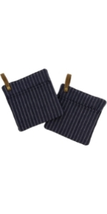 Cuisinart Chambray Pot Holders with Soft Insulated Pockets, 2pk - Heat Resistant Hot Pads, Trivets Protect Hands and Surfaces from Hot Kitchenware - Ideal Kitchen Set with Faux Leather Loop - Marine