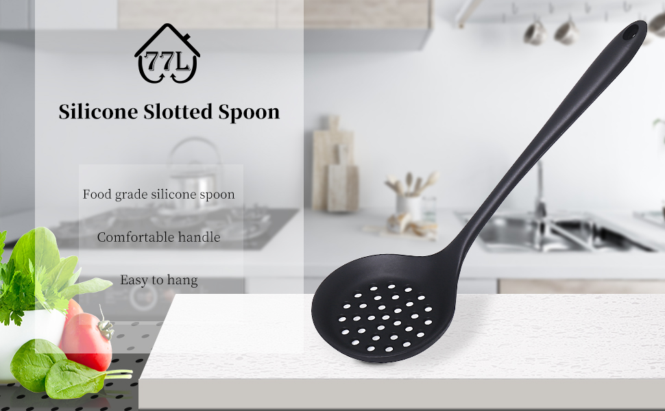 77L Slotted Spoon, Heatproof Skimmer Strainer Slotted Spoon, Seamless One-Piece Non-Stick Cooking Silicone Scoop Ladle with Ergonomic Handle for Filter Vegetable, Pasta and More (Black)