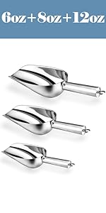 E-far 6 Ounce Ice Scoop Set of 2, Small Stainless Steel Scoops for Ice Cube/Candy/Flour/Sugar, Metal Utility Scoops for Canisters, Baking, Kitchen Pantry, Rust Free & Dishwasher Safe