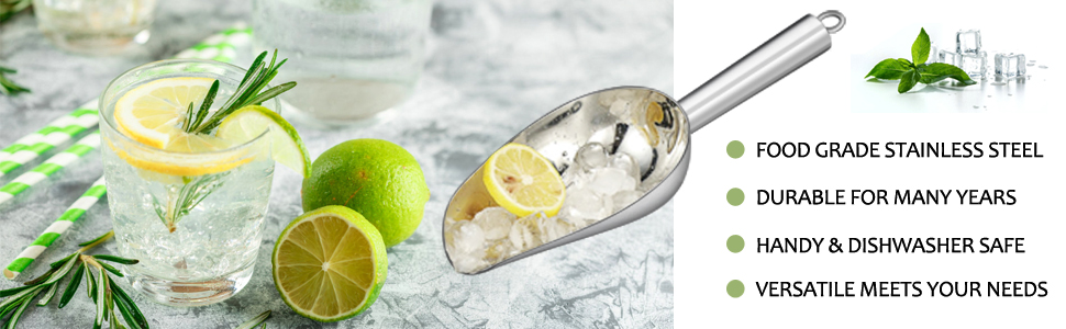 E-far 6 Ounce Ice Scoop Set of 2, Small Stainless Steel Scoops for Ice Cube/Candy/Flour/Sugar, Metal Utility Scoops for Canisters, Baking, Kitchen Pantry, Rust Free & Dishwasher Safe