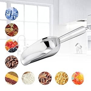 E-far 6 Ounce Ice Scoop Set of 2, Small Stainless Steel Scoops for Ice Cube/Candy/Flour/Sugar, Metal Utility Scoops for Canisters, Baking, Kitchen Pantry, Rust Free & Dishwasher Safe
