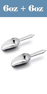 E-far 6 Ounce Ice Scoop Set of 2, Small Stainless Steel Scoops for Ice Cube/Candy/Flour/Sugar, Metal Utility Scoops for Canisters, Baking, Kitchen Pantry, Rust Free & Dishwasher Safe