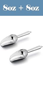 E-far 6 Ounce Ice Scoop Set of 2, Small Stainless Steel Scoops for Ice Cube/Candy/Flour/Sugar, Metal Utility Scoops for Canisters, Baking, Kitchen Pantry, Rust Free & Dishwasher Safe