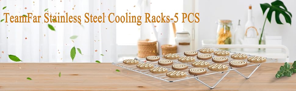 TeamFar Cooling Rack, 5-Tiers Stainless Steel Baking Cooling Wire Rack for Baking Roasting Cooking, Healthy & Firmly Weld, Stackable & Collapsible, Dishwasher Safe, 15”x10”