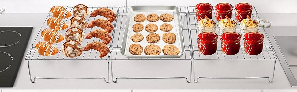 TeamFar Cooling Rack, 5-Tiers Stainless Steel Baking Cooling Wire Rack for Baking Roasting Cooking, Healthy & Firmly Weld, Stackable & Collapsible, Dishwasher Safe, 15”x10”