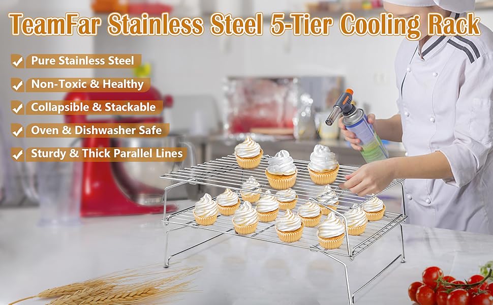 TeamFar Cooling Rack, 5-Tiers Stainless Steel Baking Cooling Wire Rack for Baking Roasting Cooking, Healthy & Firmly Weld, Stackable & Collapsible, Dishwasher Safe, 15”x10”