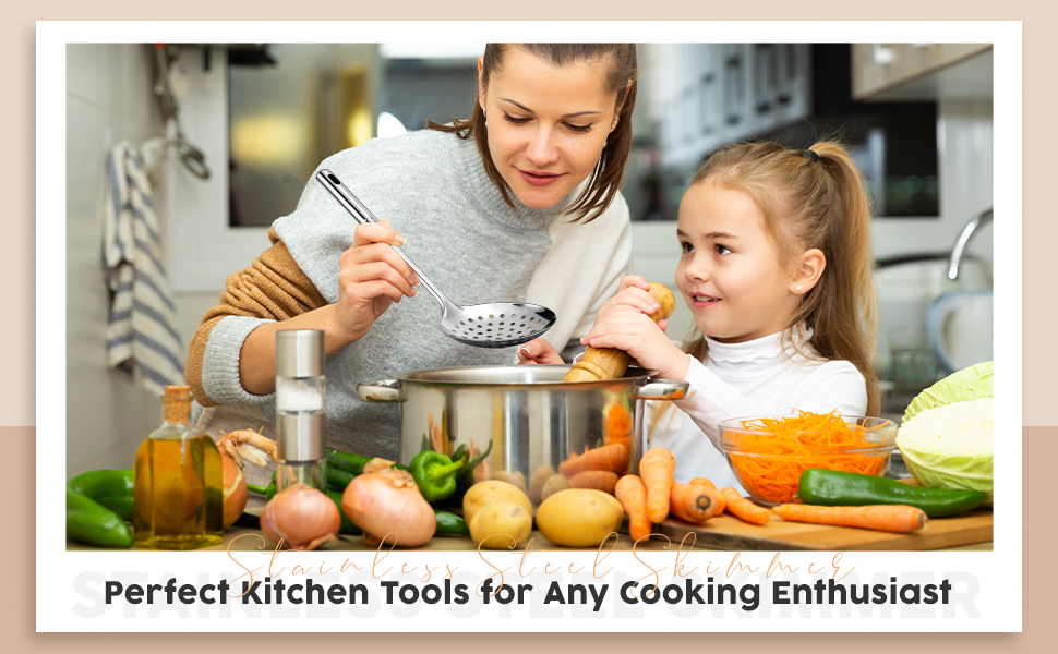 2 Pieces Stainless Steel Cooking Colander Skimmer Slotted Spoon Kitchen Strainer Ladle with Long Handle for Kitchen Cooking Baking, 13.4 Inch