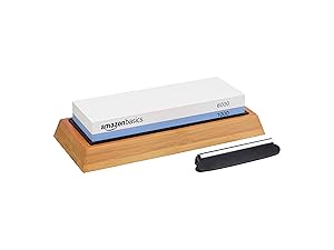 Amazon Basics Whetstone Knife Sharpening Stone, Double-Sided 1000/6000 Grit with Angle Guide, Non-Slip Bamboo Base, Black & Grey