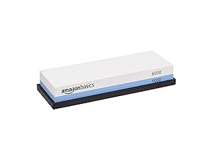 Amazon Basics Whetstone Knife Sharpening Stone, Double-Sided 1000/6000 Grit with Angle Guide, Non-Slip Bamboo Base, Black & Grey