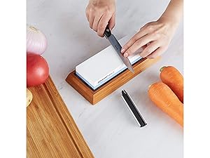Amazon Basics Whetstone Knife Sharpening Stone, Double-Sided 1000/6000 Grit with Angle Guide, Non-Slip Bamboo Base, Black & Grey