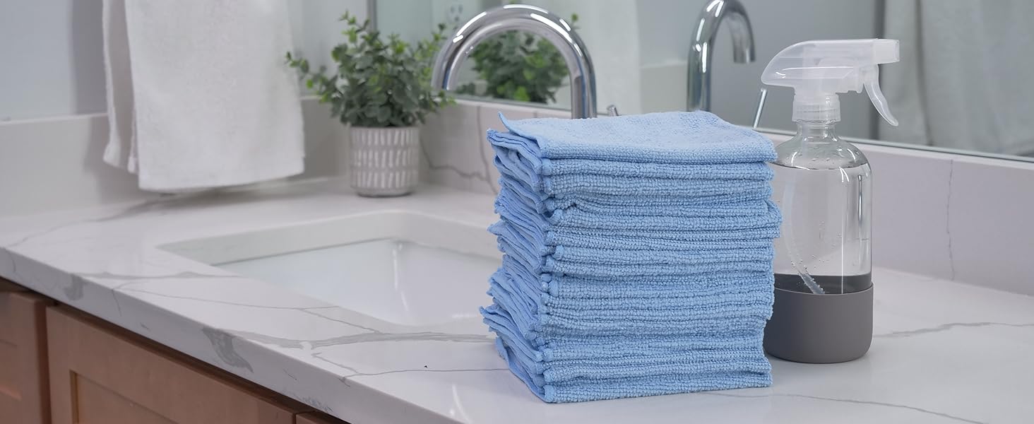 S&T INC. 100 Pack Microfiber Cleaning Cloth, Bulk Towels for Home, Reusable Microfiber Towels for Cars, Cleaning Rags, Light Blue, 11.5 Inches x 11.5 Inches, 100 Count