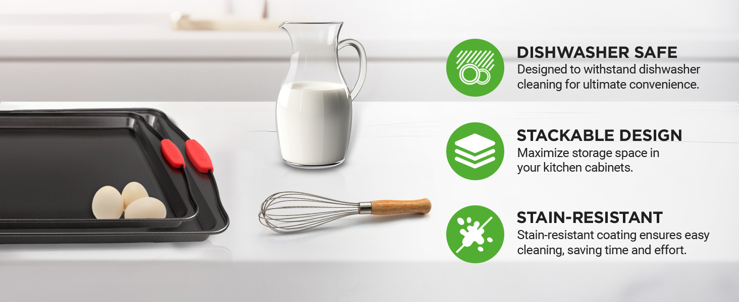 NutriChef 3-Piece Nonstick Kitchen Oven Baking Pans - Premium & Stylish Non-Stick Steel, Commercial Grade Restaurant Quality Metal Bakeware with Red Silicone Handles - Easy to Clean, NCSBS3S