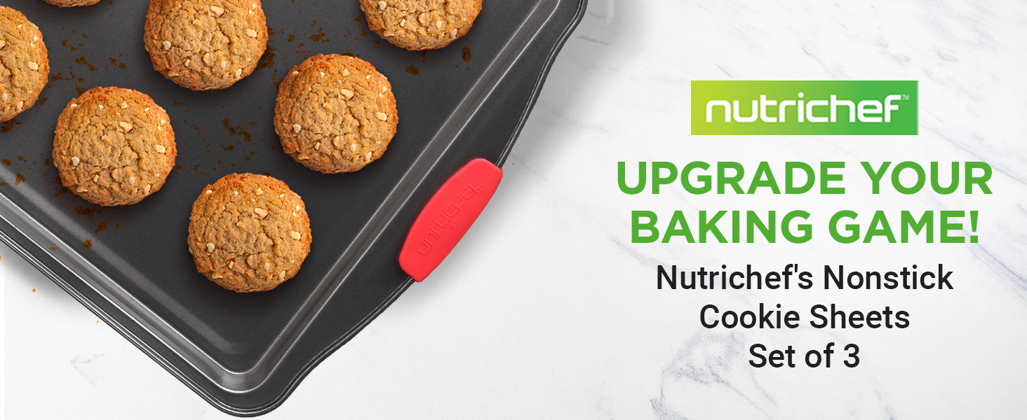 NutriChef 3-Piece Nonstick Kitchen Oven Baking Pans - Premium & Stylish Non-Stick Steel, Commercial Grade Restaurant Quality Metal Bakeware with Red Silicone Handles - Easy to Clean, NCSBS3S