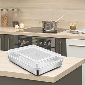 E-far Stainless Steel Baking Pan with Lid, 12⅓ x 9¾ x 2 Inch Rectangle Sheet Cake Pans with Covers Bakeware for Cakes Brownies Casseroles, Non-toxic & Healthy, Heavy Duty & Dishwasher Safe - Set of 2