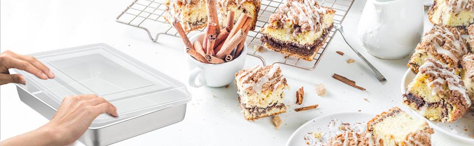 E-far Stainless Steel Baking Pan with Lid, 12⅓ x 9¾ x 2 Inch Rectangle Sheet Cake Pans with Covers Bakeware for Cakes Brownies Casseroles, Non-toxic & Healthy, Heavy Duty & Dishwasher Safe - Set of 2