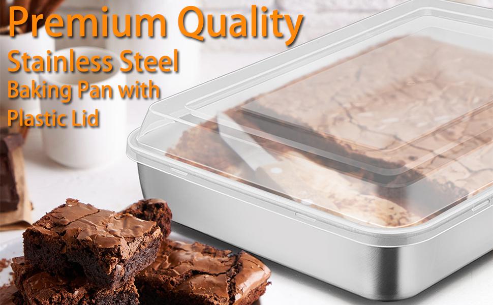 E-far Stainless Steel Baking Pan with Lid, 12⅓ x 9¾ x 2 Inch Rectangle Sheet Cake Pans with Covers Bakeware for Cakes Brownies Casseroles, Non-toxic & Healthy, Heavy Duty & Dishwasher Safe - Set of 2