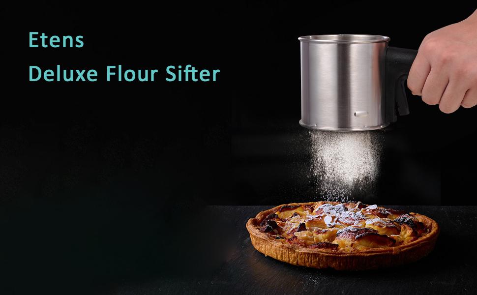 3 Cup Flour Sifter for Baking, Handheld Strainer Sifter Stainless Steel, Hand Crank Squeeze Sieve for Baking w/Comfortable Handle for Flour Powdered Sugar Cake - Baker Supplies