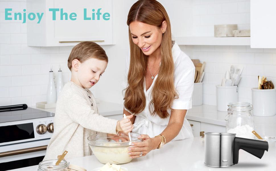 3 Cup Flour Sifter for Baking, Handheld Strainer Sifter Stainless Steel, Hand Crank Squeeze Sieve for Baking w/Comfortable Handle for Flour Powdered Sugar Cake - Baker Supplies