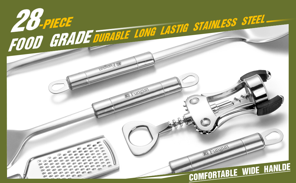 Stainless Steel Kitchen Utensil Set- Fungun 28 Pcs Cooking Nonstick Cookware Set with Spatula - Best Gadgets Tools Kitchen Accessories