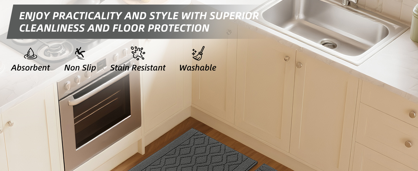 COSY HOMEER 48x20 Inch/30X20 Inch Kitchen Rug Mats Made of 100% Polypropylene 2 Pieces Soft Kitchen Mat Specialized in Anti Slippery and Machine Washable (Grey)