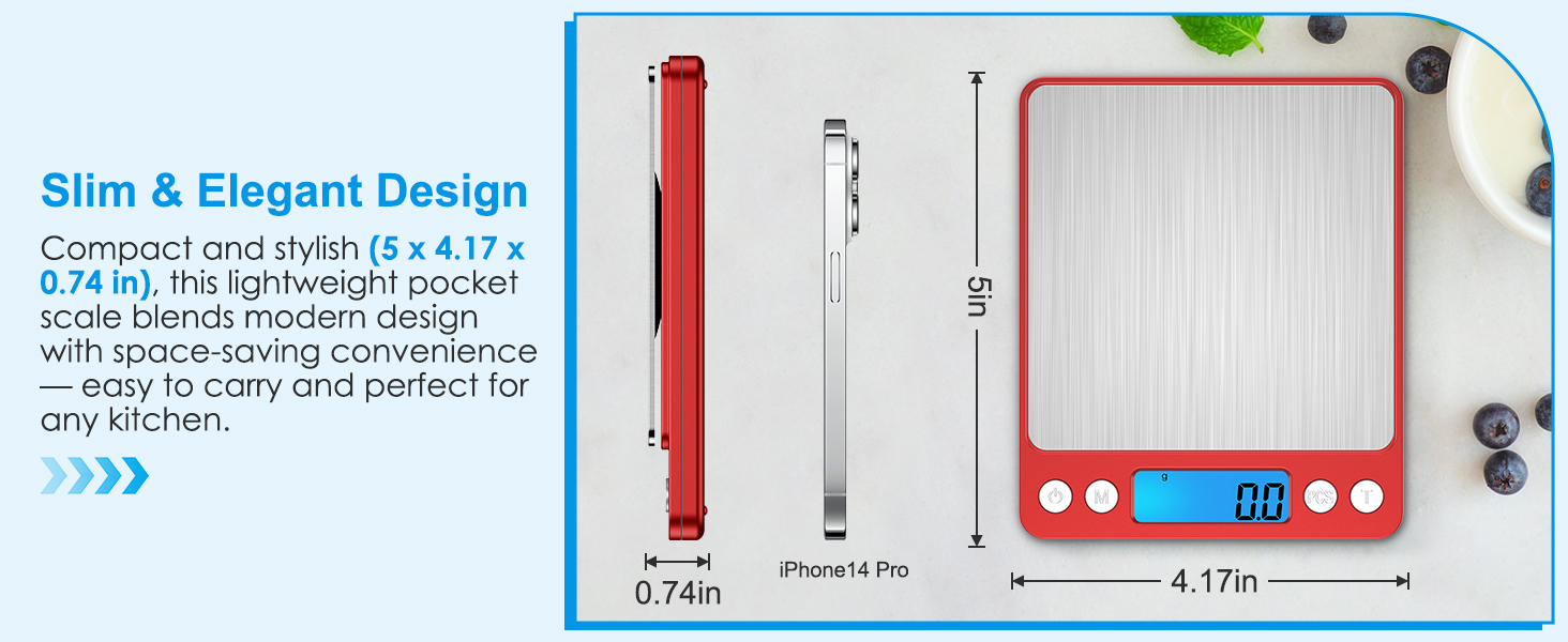 Digital Kitchen Scale, 3000g Pocket Cooking Scale with 0.1g Accuracy, Mini Food Scale, Pro Electronic Jewelry Scale with Back-Lit LCD Display, Tare & PCS Functions (Red, Batteries Included)