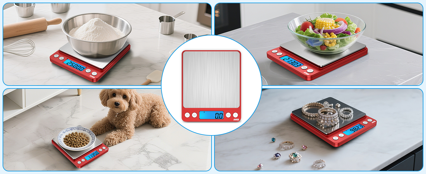 Digital Kitchen Scale, 3000g Pocket Cooking Scale with 0.1g Accuracy, Mini Food Scale, Pro Electronic Jewelry Scale with Back-Lit LCD Display, Tare & PCS Functions (Red, Batteries Included)