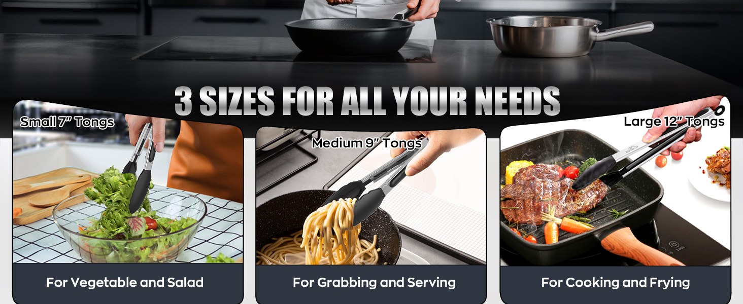 600ºF Heat Resistant Kitchen Tongs, Premium Locking Cooking Tongs with Silicone Tips, Non-Slip Food Tongs for Cooking, Non-Stick, Heavy Duty Stainless Steel Handle, Set of 3-7