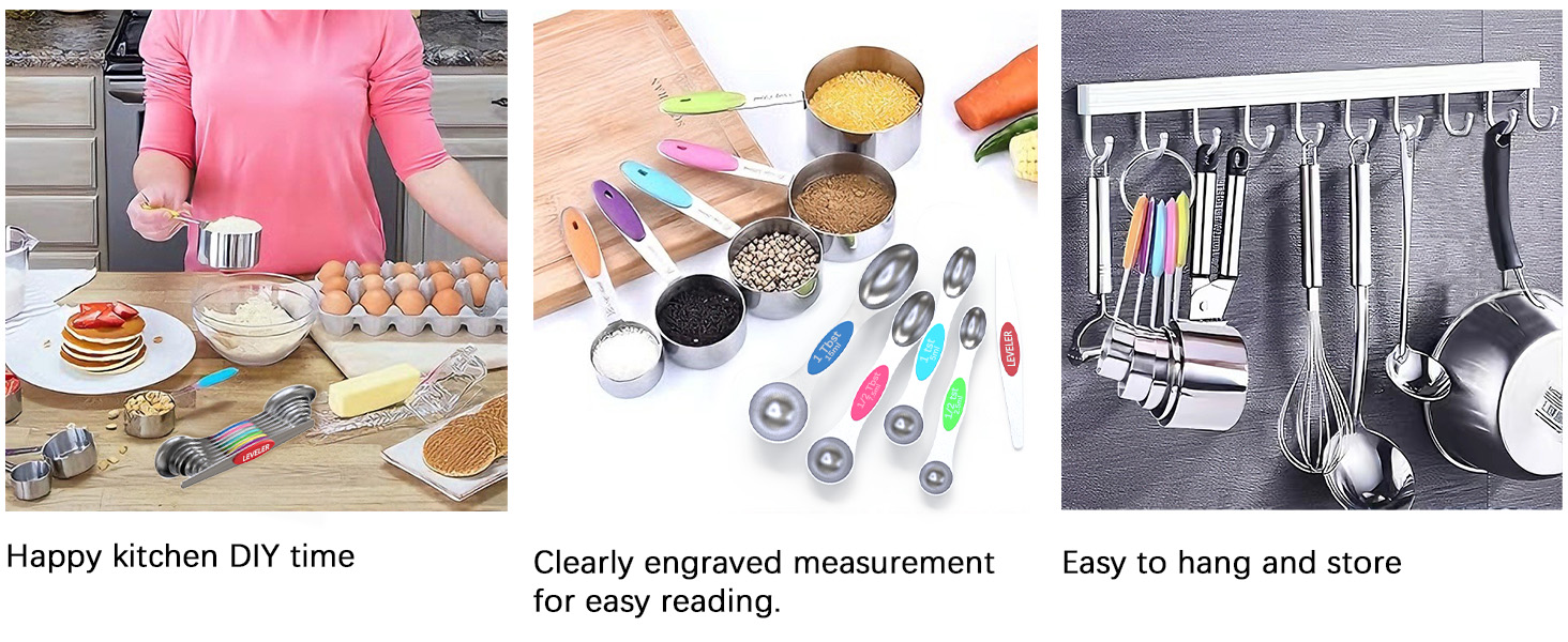 TILUCK measuring cups and magnetic measuring spoons set, stainless steel measuring cups, 6 double-sided stainless steel measuring spoons & 1 leveler (12)