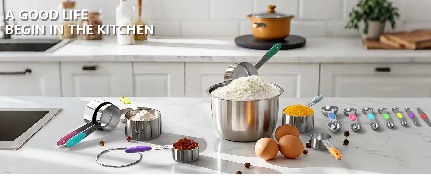 TILUCK measuring cups and magnetic measuring spoons set, stainless steel measuring cups, 6 double-sided stainless steel measuring spoons & 1 leveler (12)