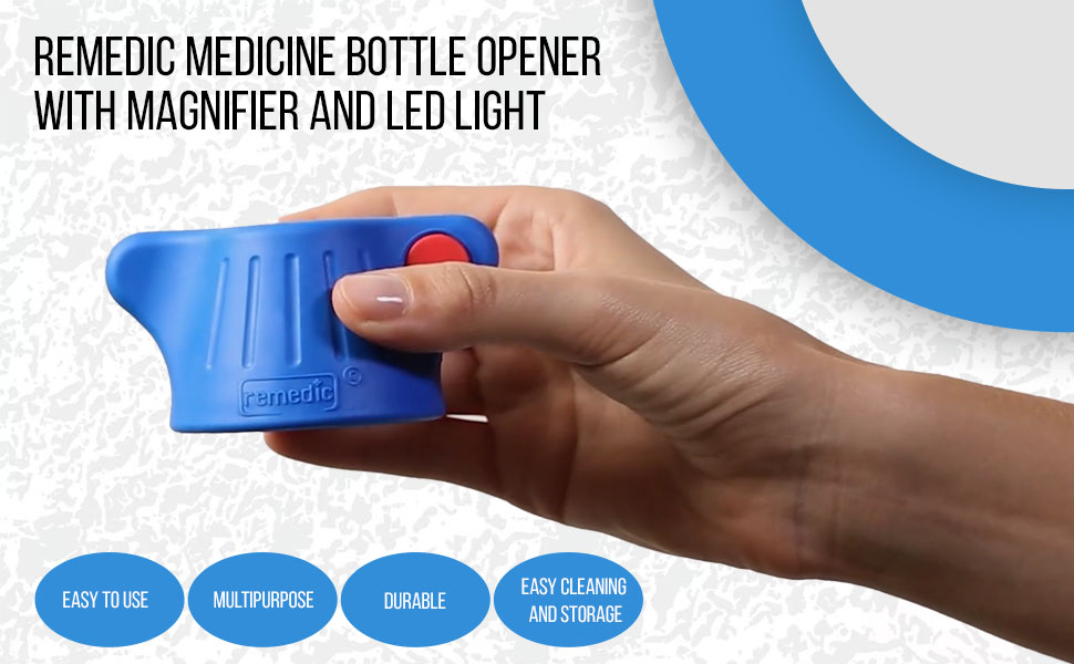 Remedic Medicine Bottle Opener with Magnifier & LED Light – Easy Grip Aid for Weak Hands – Non-Slip Mat for One-Handed Use – Arthritis-Friendly Multi-Opener – Senior Care Tools