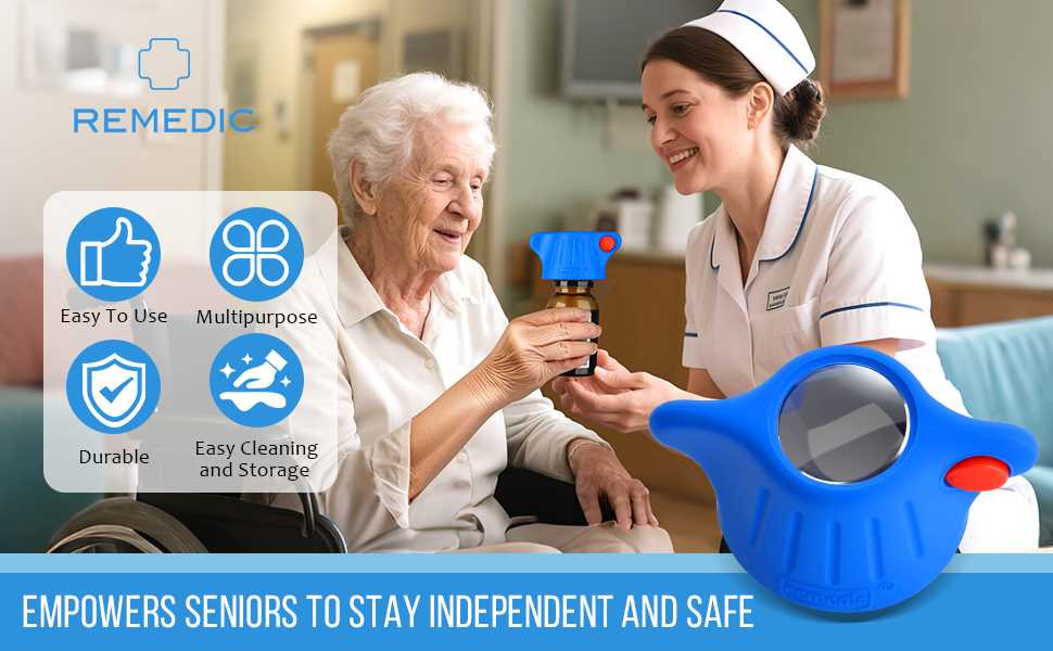 Remedic Medicine Bottle Opener with Magnifier & LED Light – Easy Grip Aid for Weak Hands – Non-Slip Mat for One-Handed Use – Arthritis-Friendly Multi-Opener – Senior Care Tools