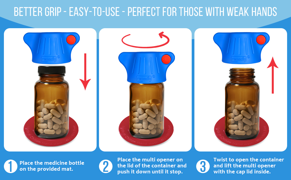 Remedic Medicine Bottle Opener with Magnifier & LED Light – Easy Grip Aid for Weak Hands – Non-Slip Mat for One-Handed Use – Arthritis-Friendly Multi-Opener – Senior Care Tools