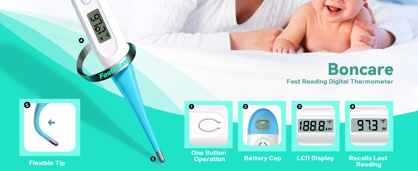 Boncare 10 Seconds Oral Thermometer for Adults and Kids - Accurate & Safe Rectal Thermometer for Baby with Fever Alarm, Digital Thermometer (Light Blue)