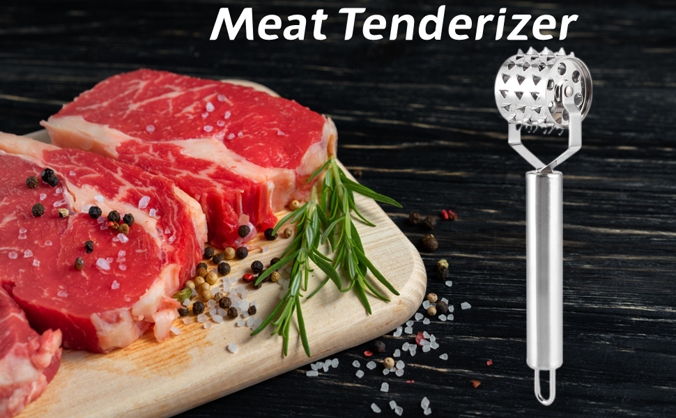 Fdit Stainless Steel Meat Tenderizer Strong Roller Beef Steak Chicken Mallet Hammer with Ergonomic Handle for Any Meat Kitchen Tool Silver