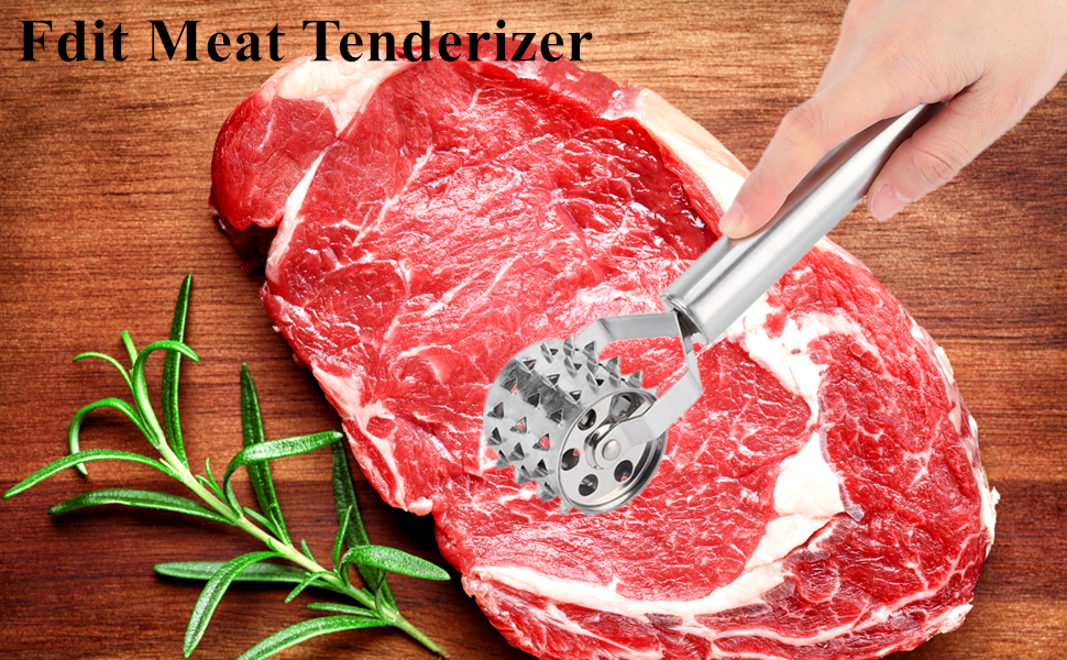 Fdit Stainless Steel Meat Tenderizer Strong Roller Beef Steak Chicken Mallet Hammer with Ergonomic Handle for Any Meat Kitchen Tool Silver