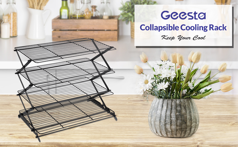 Geesta 2/3/4-Tier Upgraded Collapsible Cooling Rack with Adjustable 3 Setting Design Stackable Roasting Cooking Drying Wire Cooling Rack for Cookies Baking Gifts for Women
