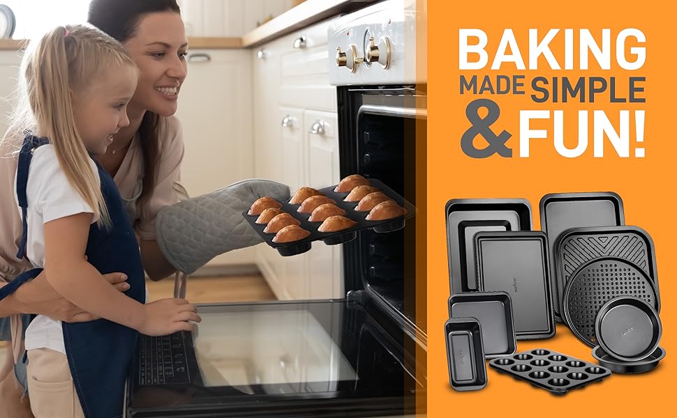 NutriChef 10-Piece Non-Stick Baking Set – Heavy-Duty Carbon Steel Bakeware Set w/ Cookie Sheets, Muffin Pan, Roasting Pan, Cake Pan, Baking Tray, Pizza Pan – Effortless Food Release & Easy Cleanup