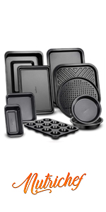NutriChef 10-Piece Non-Stick Baking Set – Heavy-Duty Carbon Steel Bakeware Set w/ Cookie Sheets, Muffin Pan, Roasting Pan, Cake Pan, Baking Tray, Pizza Pan – Effortless Food Release & Easy Cleanup