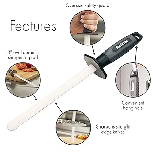 Smith’s 51205 8 Inch Oval Ceramic Sharpening Rod – Soft Rubber Handle – 2-Stage Sharpener – Kitchen, Chef, Straight + Serrated Edge Knife Sharpener – Hone & Realigns Knife Edge