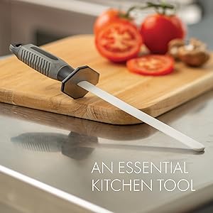 Smith’s 51205 8 Inch Oval Ceramic Sharpening Rod – Soft Rubber Handle – 2-Stage Sharpener – Kitchen, Chef, Straight + Serrated Edge Knife Sharpener – Hone & Realigns Knife Edge