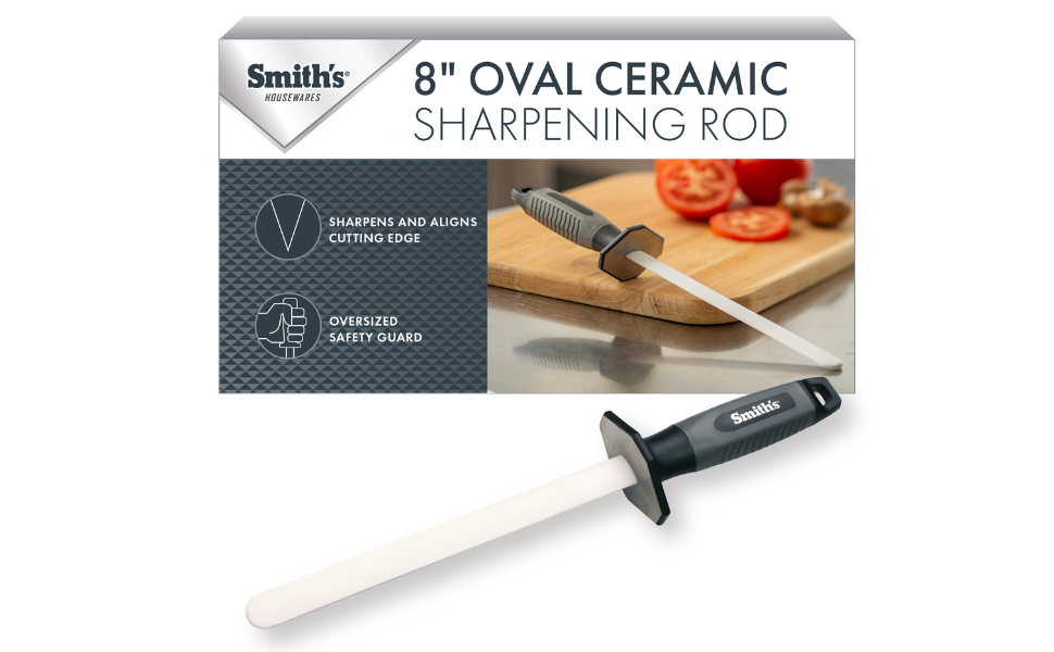 Smith’s 51205 8 Inch Oval Ceramic Sharpening Rod – Soft Rubber Handle – 2-Stage Sharpener – Kitchen, Chef, Straight + Serrated Edge Knife Sharpener – Hone & Realigns Knife Edge