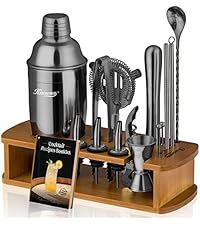 KITESSENSU Cocktail Shaker Set Bartender Kit with Stand | Bar Set Drink Mixer Set with All Essential Bar Accessory Tools: Martini Shaker, Jigger, Strainer, Mixer Spoon, Muddler, Liquor Pourers | Black