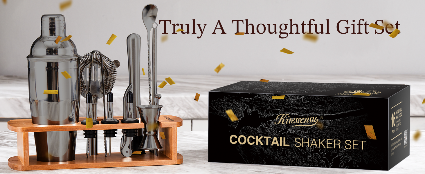 KITESSENSU Cocktail Shaker Set Bartender Kit with Stand | Bar Set Drink Mixer Set with All Essential Bar Accessory Tools: Martini Shaker, Jigger, Strainer, Mixer Spoon, Muddler, Liquor Pourers | Black