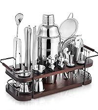 KITESSENSU Cocktail Shaker Set Bartender Kit with Stand | Bar Set Drink Mixer Set with All Essential Accessory Tools: Martini Shaker, Jigger, Strainer, Mixer Spoon, Muddler, Liquor Pourers |Silver