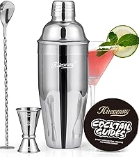 KITESSENSU Cocktail Shaker Set Bartender Kit with Stand | Bar Set Drink Mixer Set with All Essential Accessory Tools: Martini Shaker, Jigger, Strainer, Mixer Spoon, Muddler, Liquor Pourers |Silver