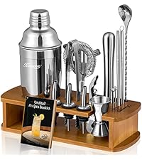 KITESSENSU Cocktail Shaker Set Bartender Kit with Stand | Bar Set Drink Mixer Set with All Essential Accessory Tools: Martini Shaker, Jigger, Strainer, Mixer Spoon, Muddler, Liquor Pourers |Silver